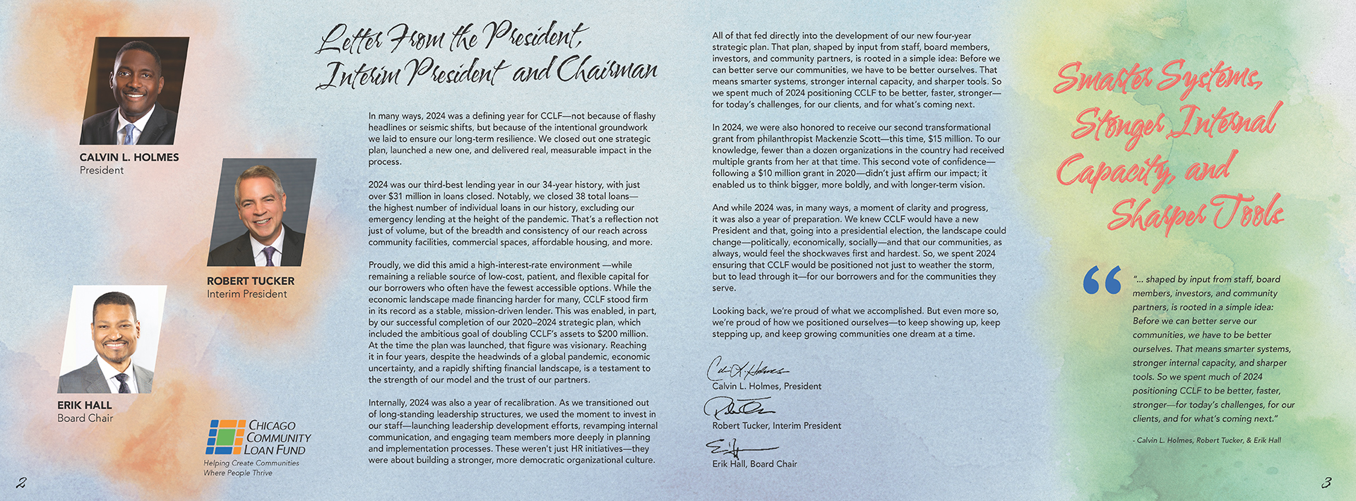 Internal print spread design from the Chicago Community Loan Fund annual report cover design