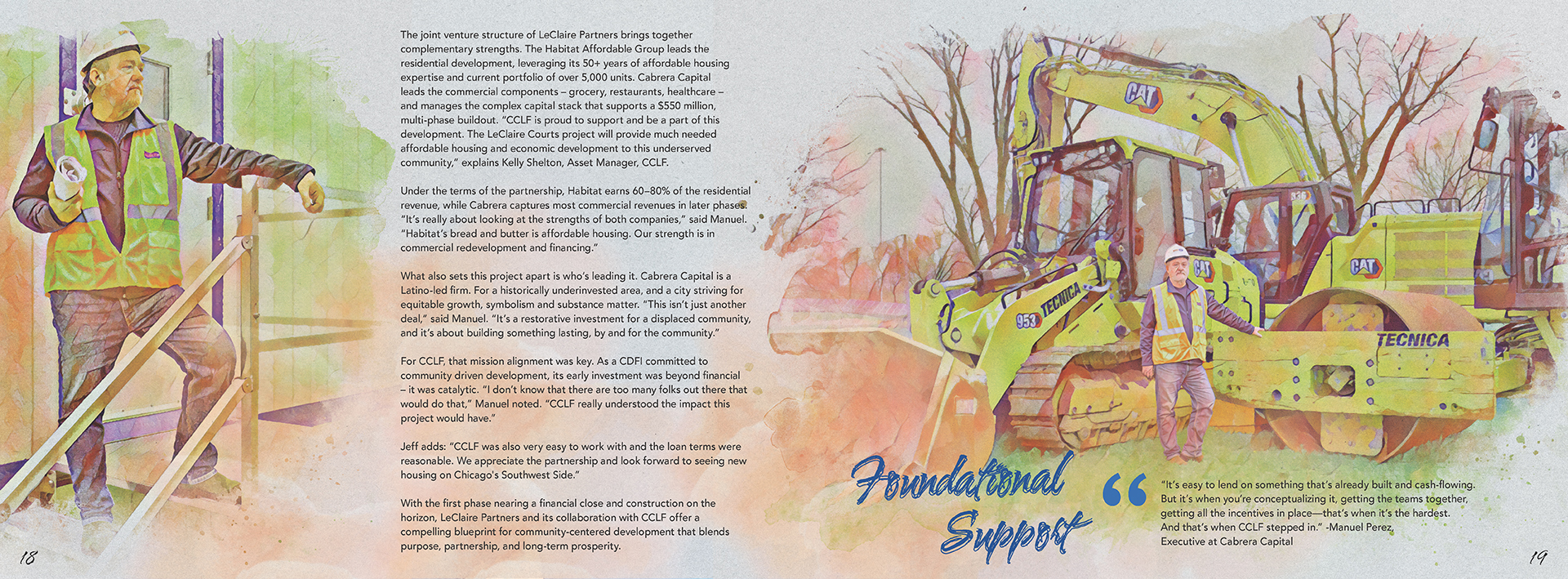 Internal print spread design from the Chicago Community Loan Fund annual report cover design