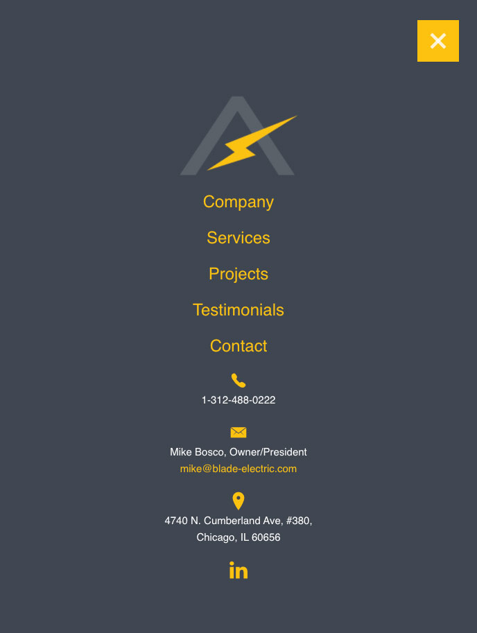 Screenshot of Blade Electric & Technologies LLC website full page menu navigation design on a tablet device