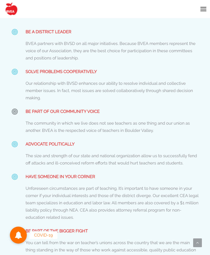 tablet Screenshot of text based design from the Boulder Valley Education Association Website