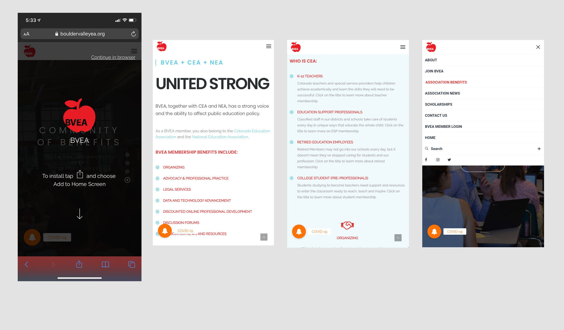 mobile design screenshots of various pages from the Boulder Valley Education Association Website design