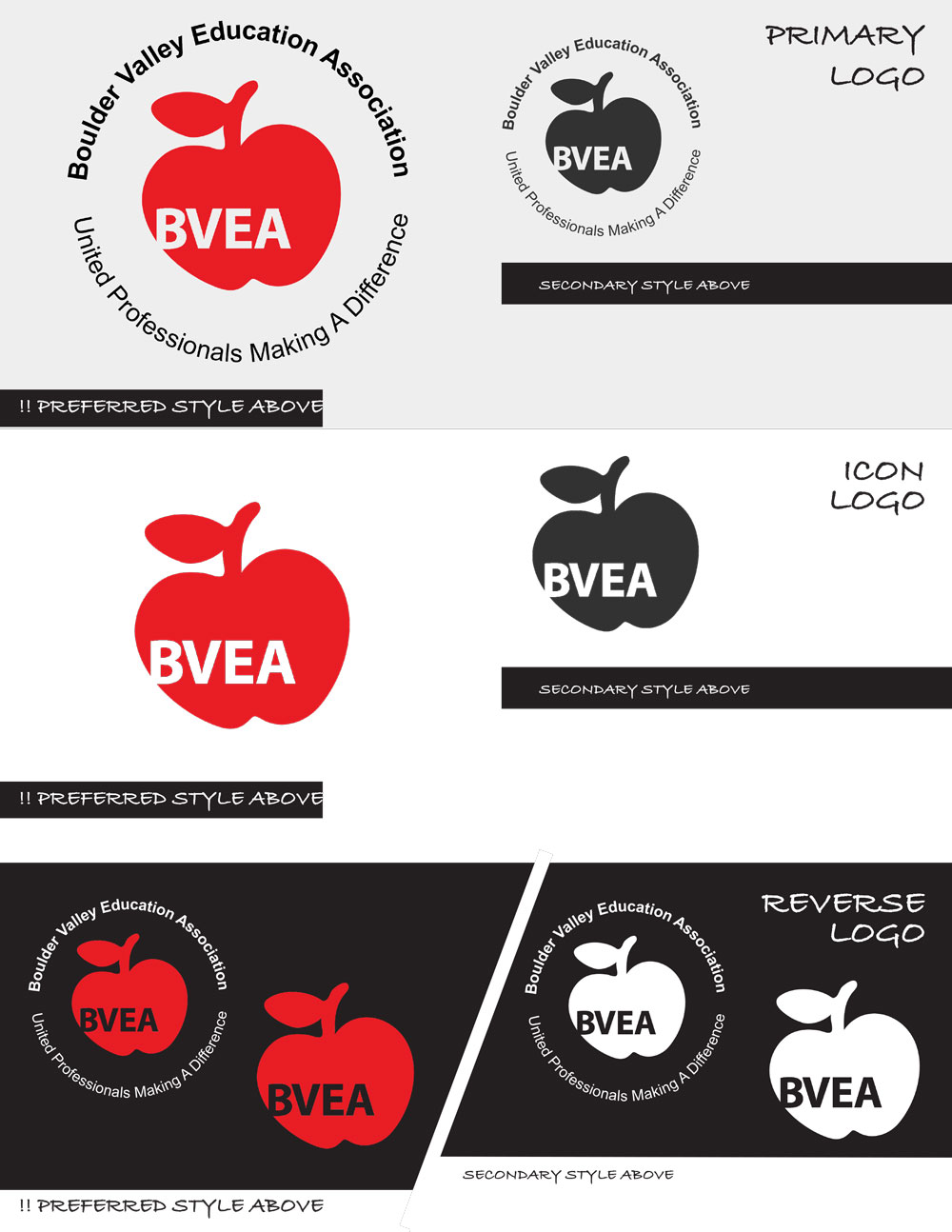 page from brand standards for the logo redesign for Boulder Valley Education Association Website