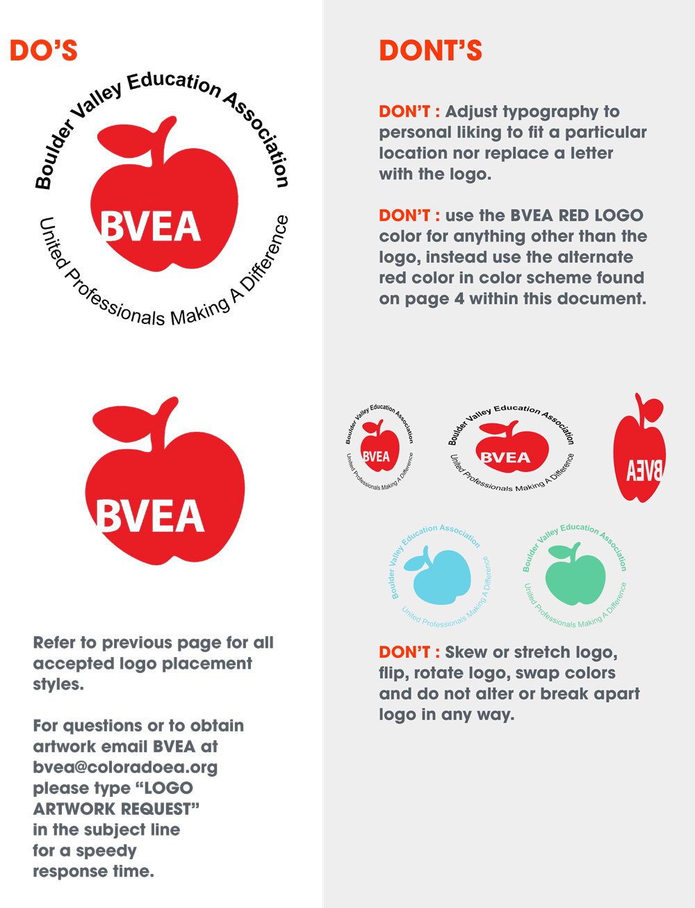 page from brand standards logo rules for Boulder Valley Education Association Website
