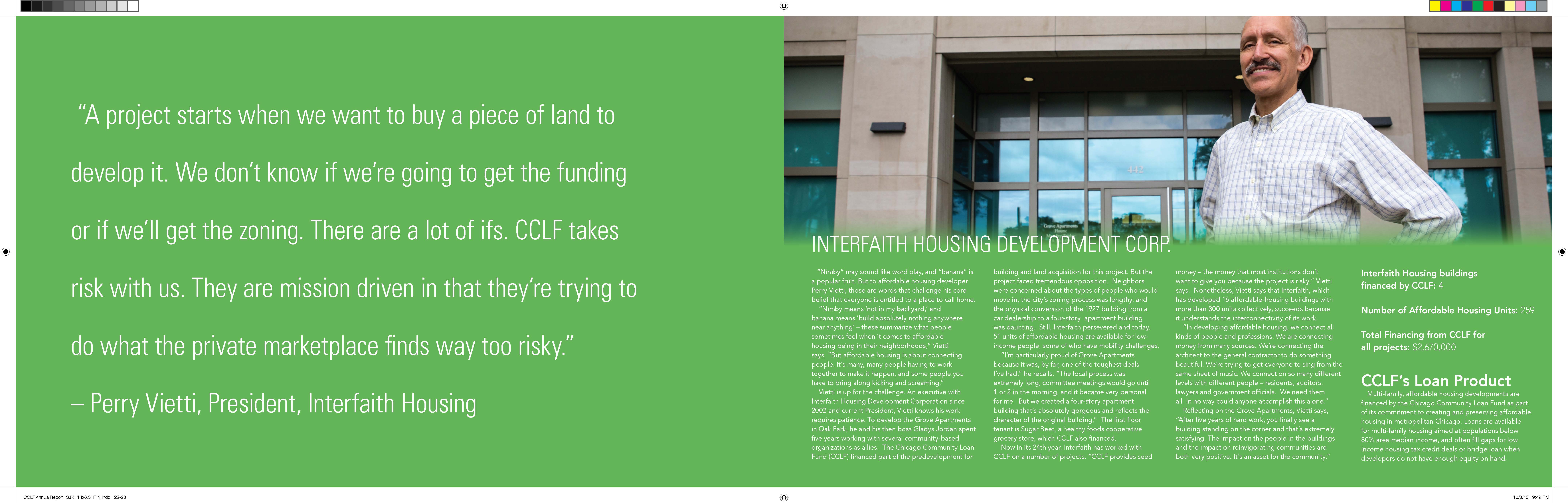 Internal print spread design from the Chicago Community Loan Fund annual report cover design