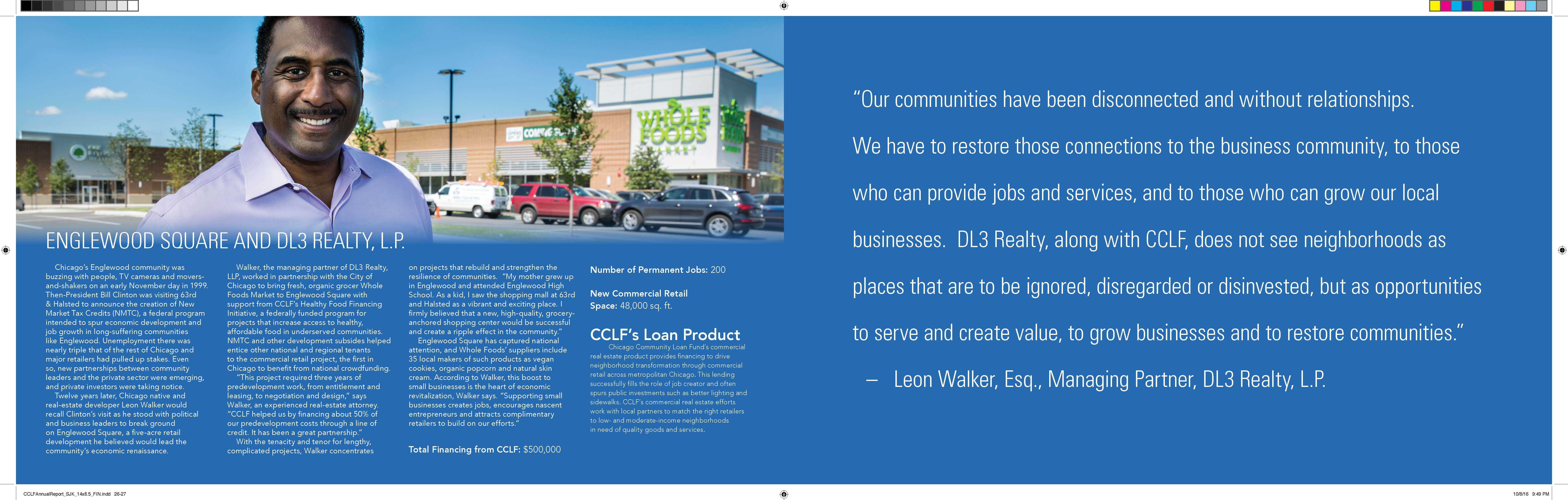 Internal print spread design from the Chicago Community Loan Fund annual report cover design