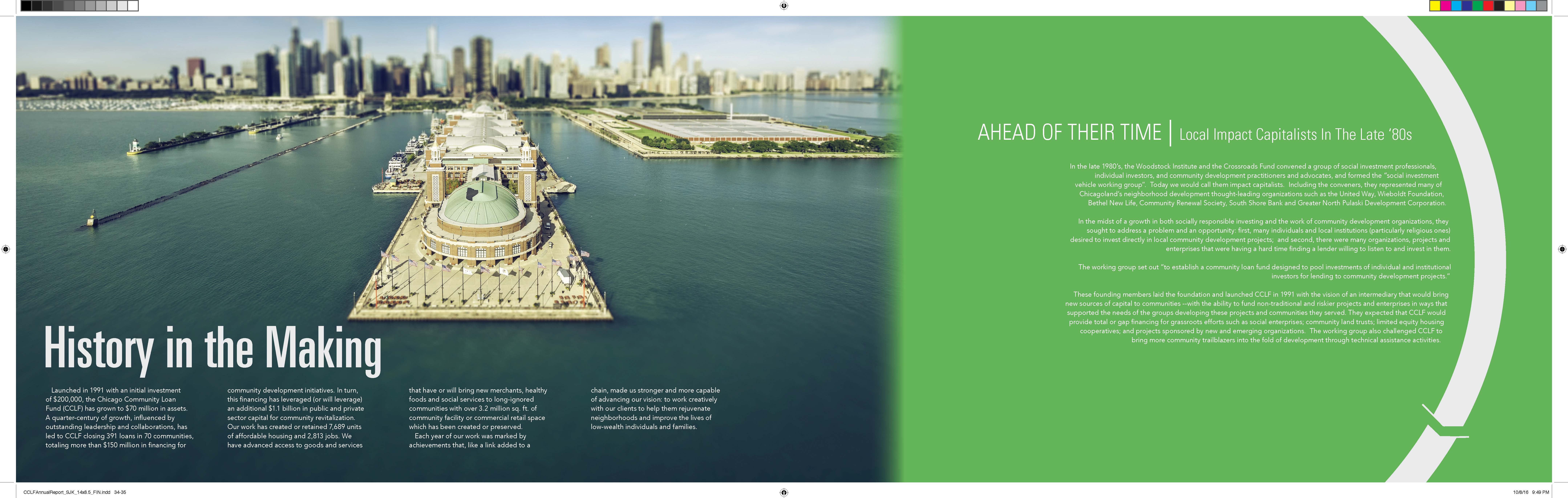 Internal print spread design from the Chicago Community Loan Fund annual report cover design