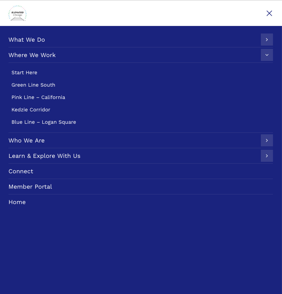 tablet screenshot of menu navigation design from the Elevated Chicago website design