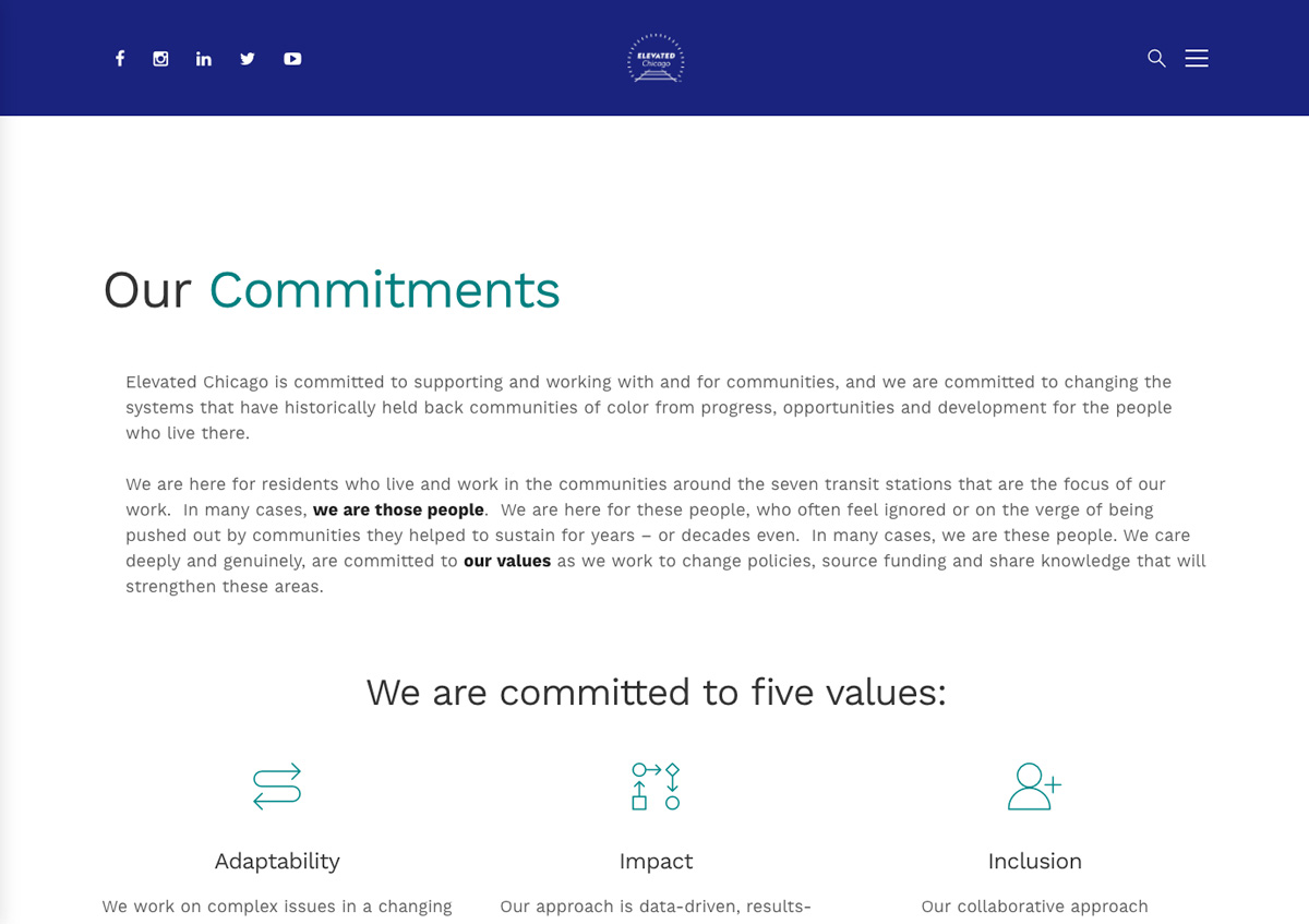 desktop screenshot of inner web page with icons and text from the Elevated Chicago website design