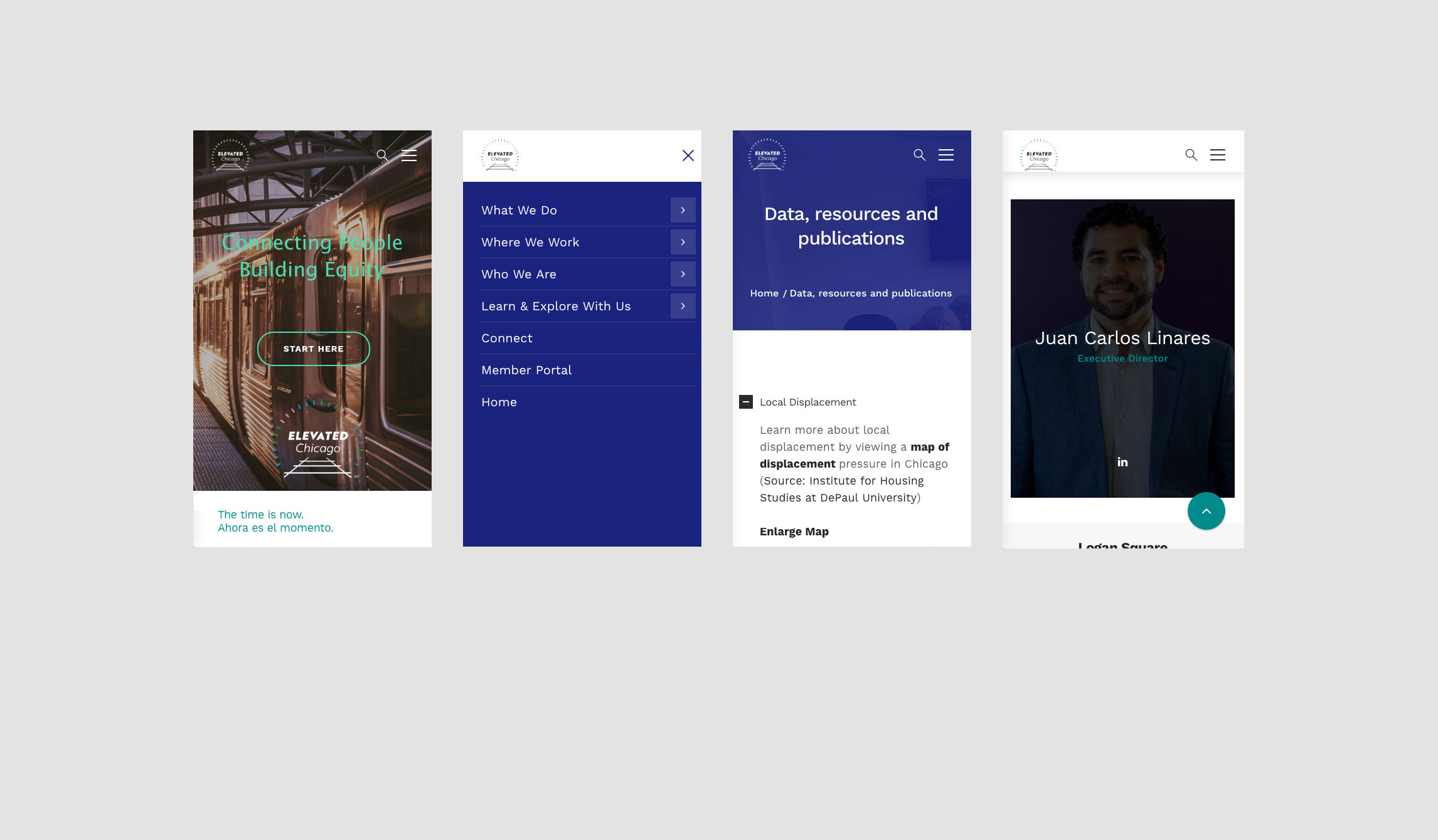 mobile screenshots of various pages from the Elevated Chicago website design