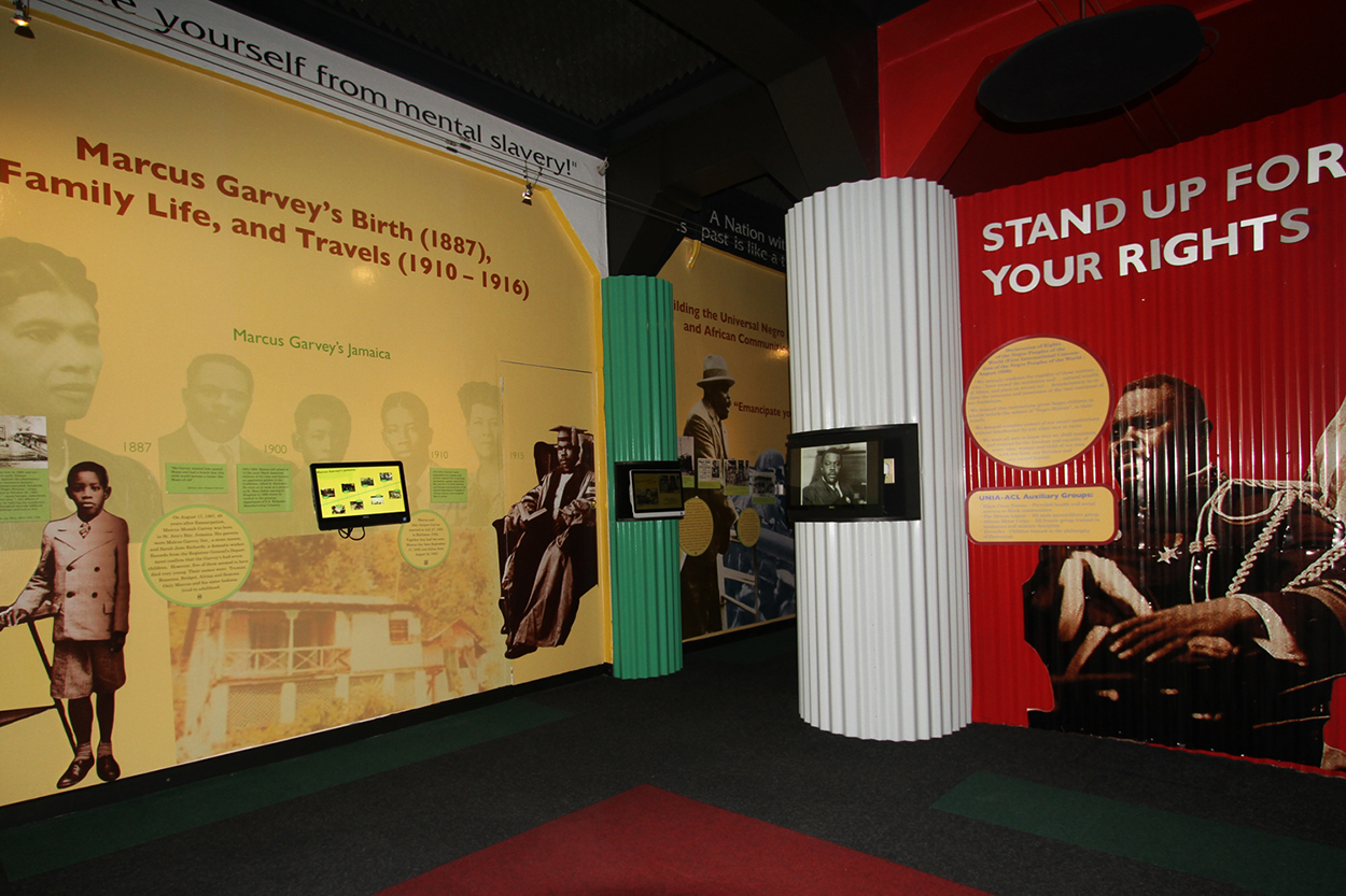Image of Kiosks and displays inside the Marcus Garvey Museum in Jamacia