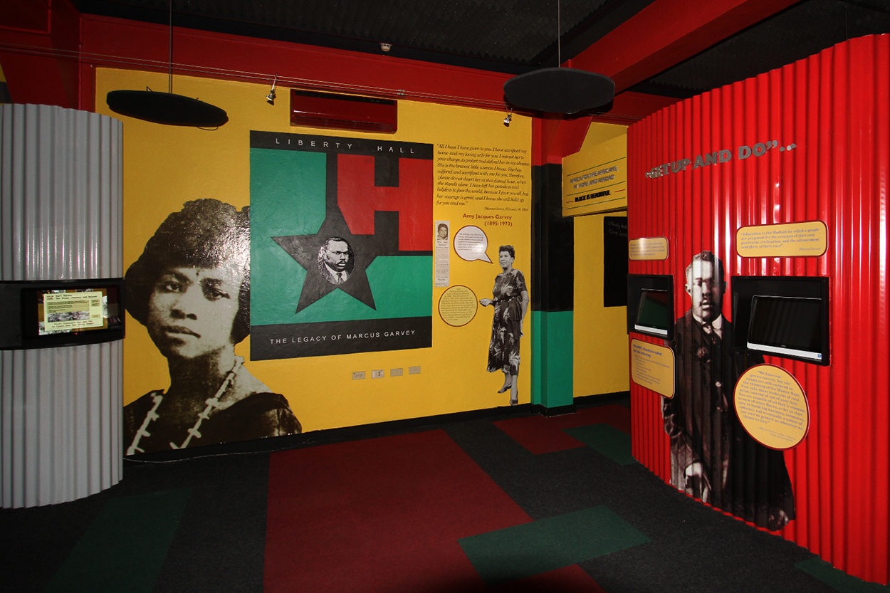 Image of Kiosks and displays inside the Marcus Garvey Museum in Jamacia