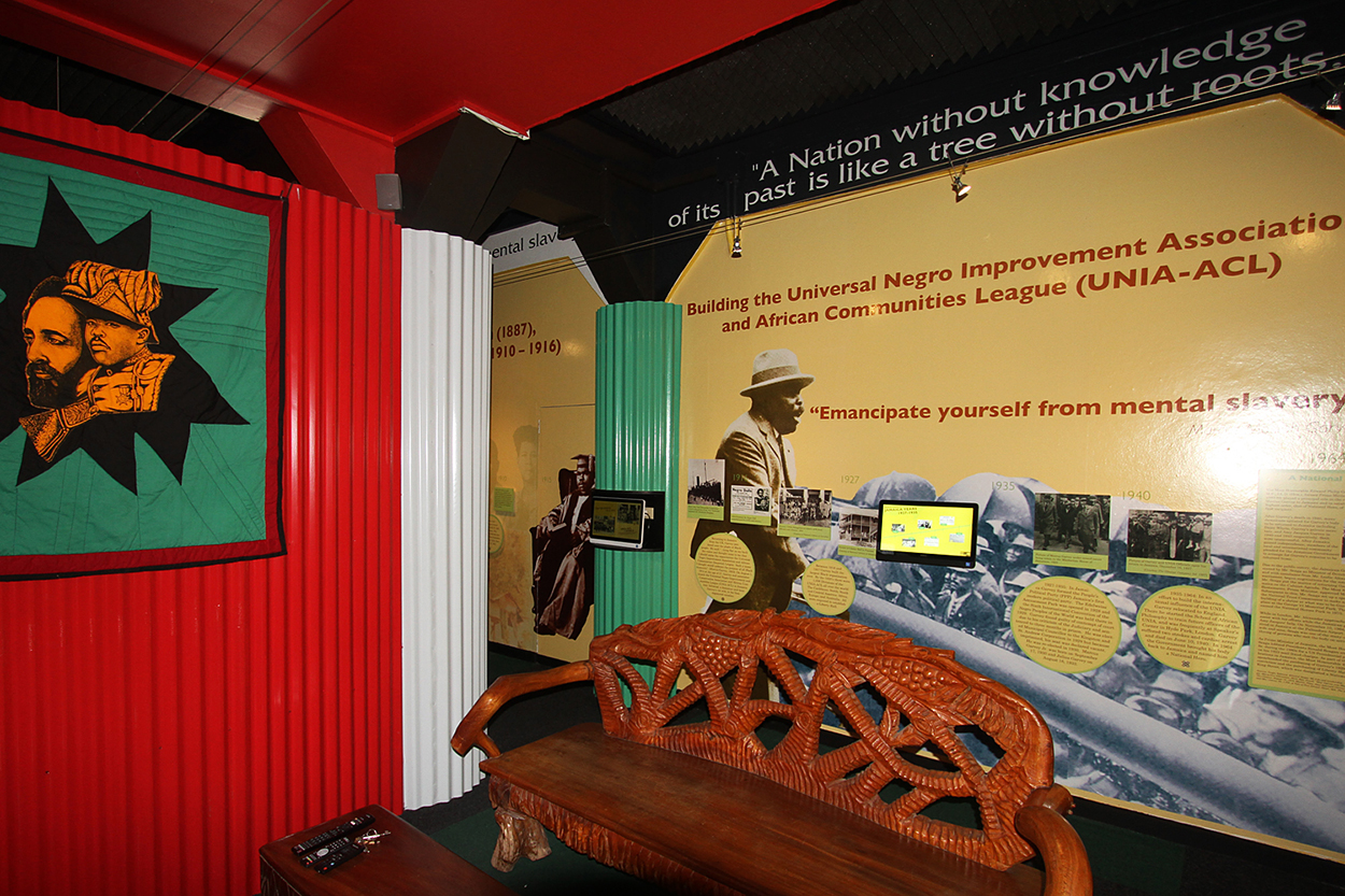 Image of Kiosks and displays inside the Marcus Garvey Museum in Jamacia
