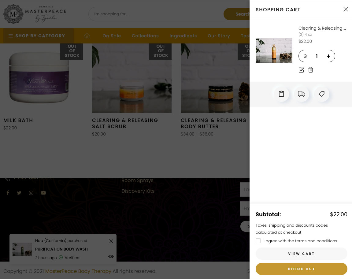 Image of Masterpeace Body Therapy slide out right panel shopping cart