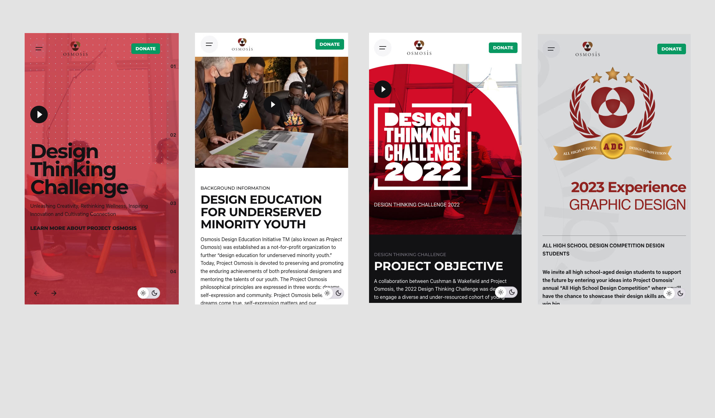 mobile Screenshots of various pages from the Project Osmosis website design
