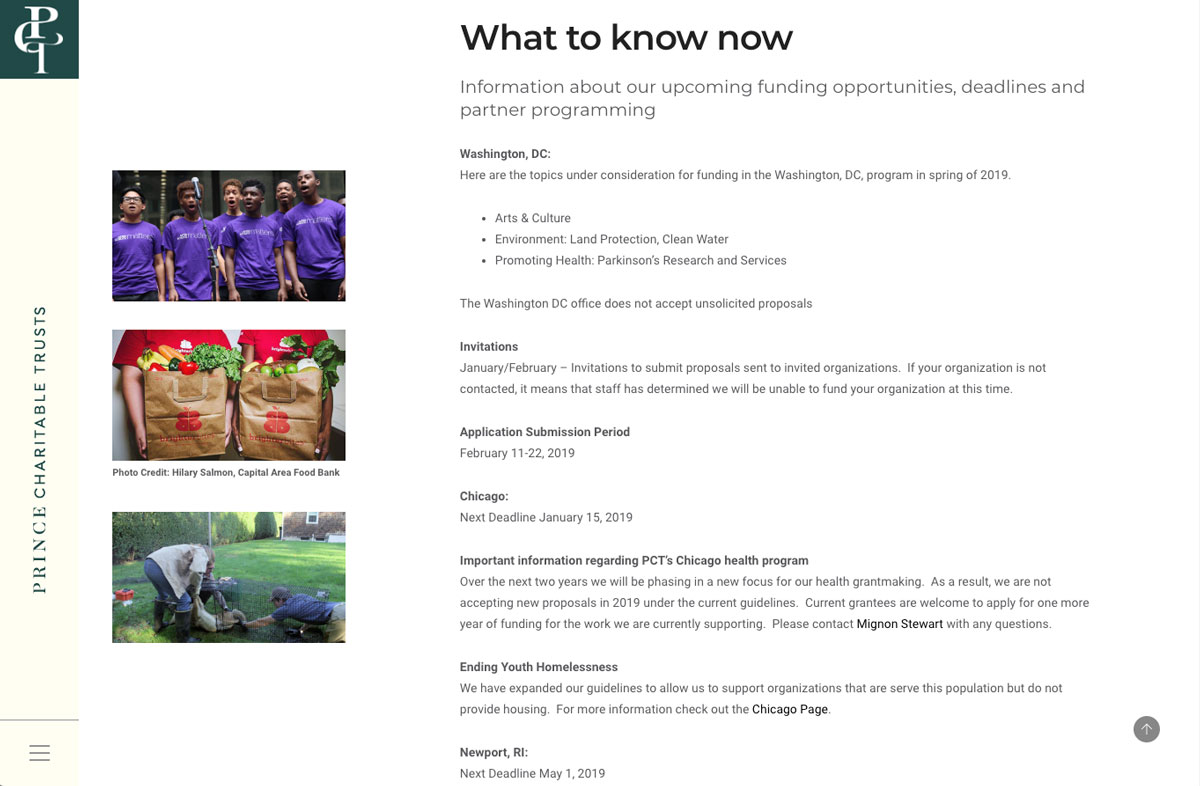 Image of Prince Charitable Trusts Website block of text section