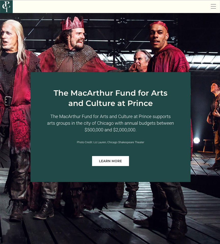 Image of Prince Charitable Trusts Website on a tablet with image from the MacArthur Fund for the Arts