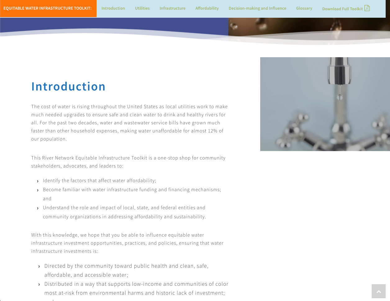 desktop screenshot of the River Network Equitable Infrastructure Toolkit website Design