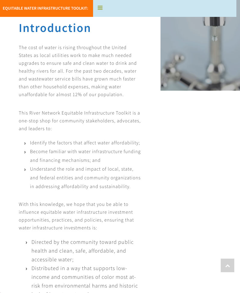 tablet screenshot of the River Network Equitable Infrastructure Toolkit website Design