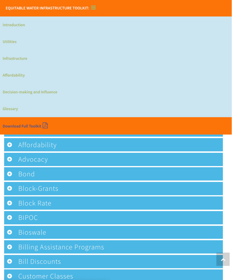 tablet screenshot of the River Network Equitable Infrastructure Toolkit glossary seciton in website Design