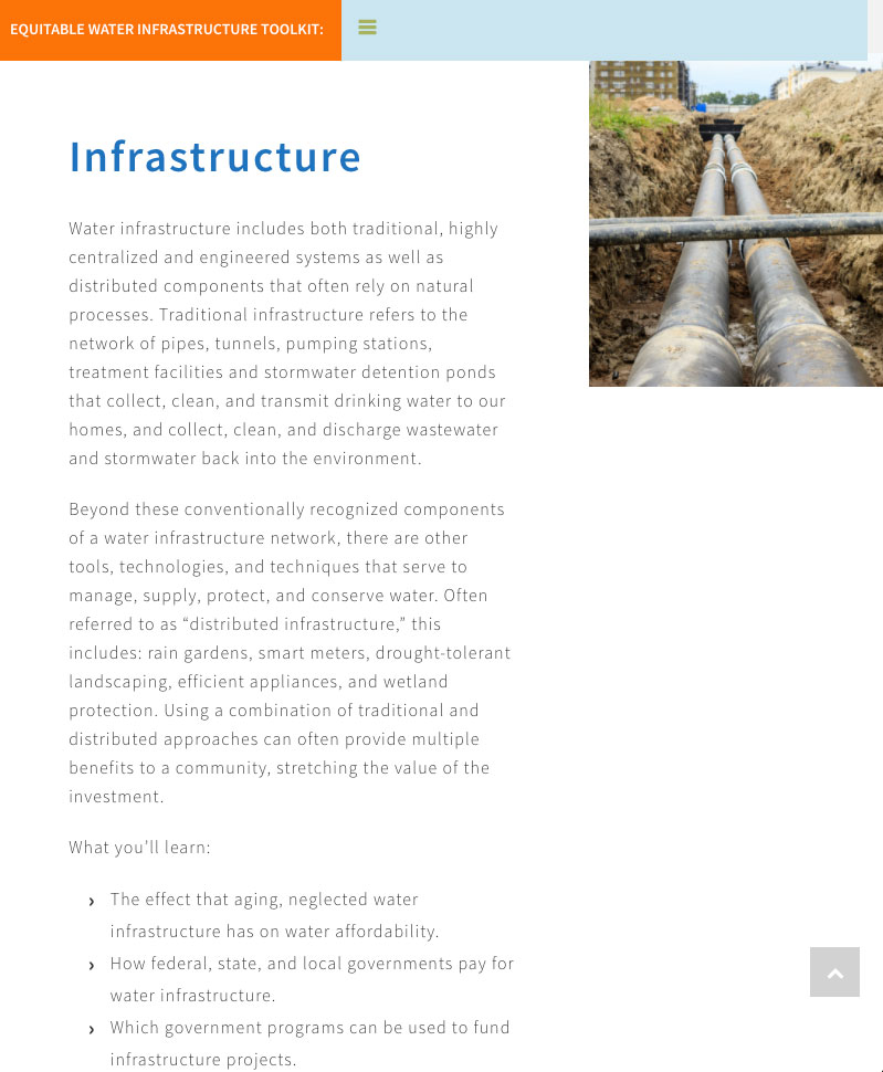 tablet screenshot of the River Network Equitable Infrastructure Toolkit website Design