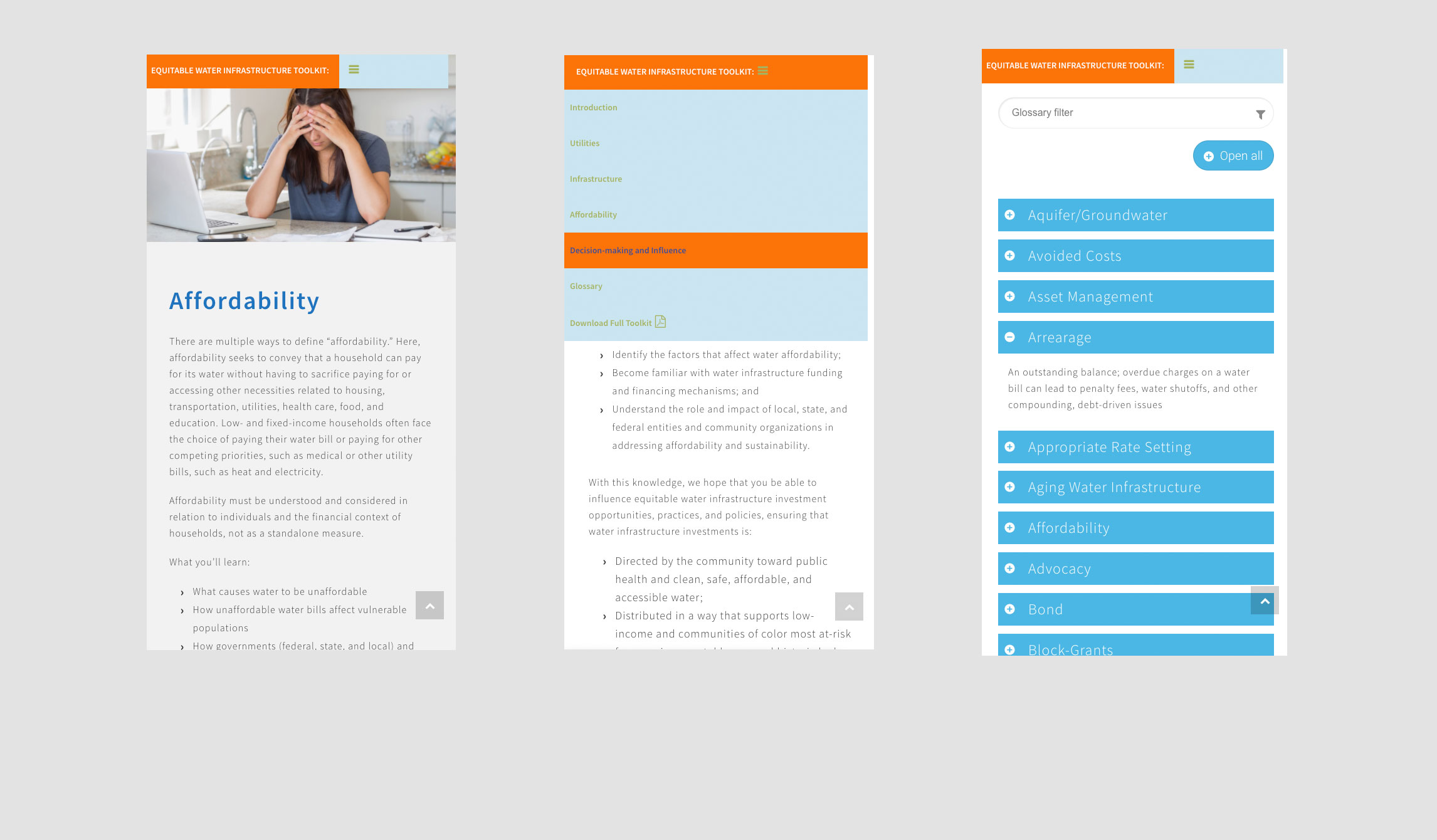 various mobile device screenshots of the River Network Equitable Infrastructure Toolkit website Design