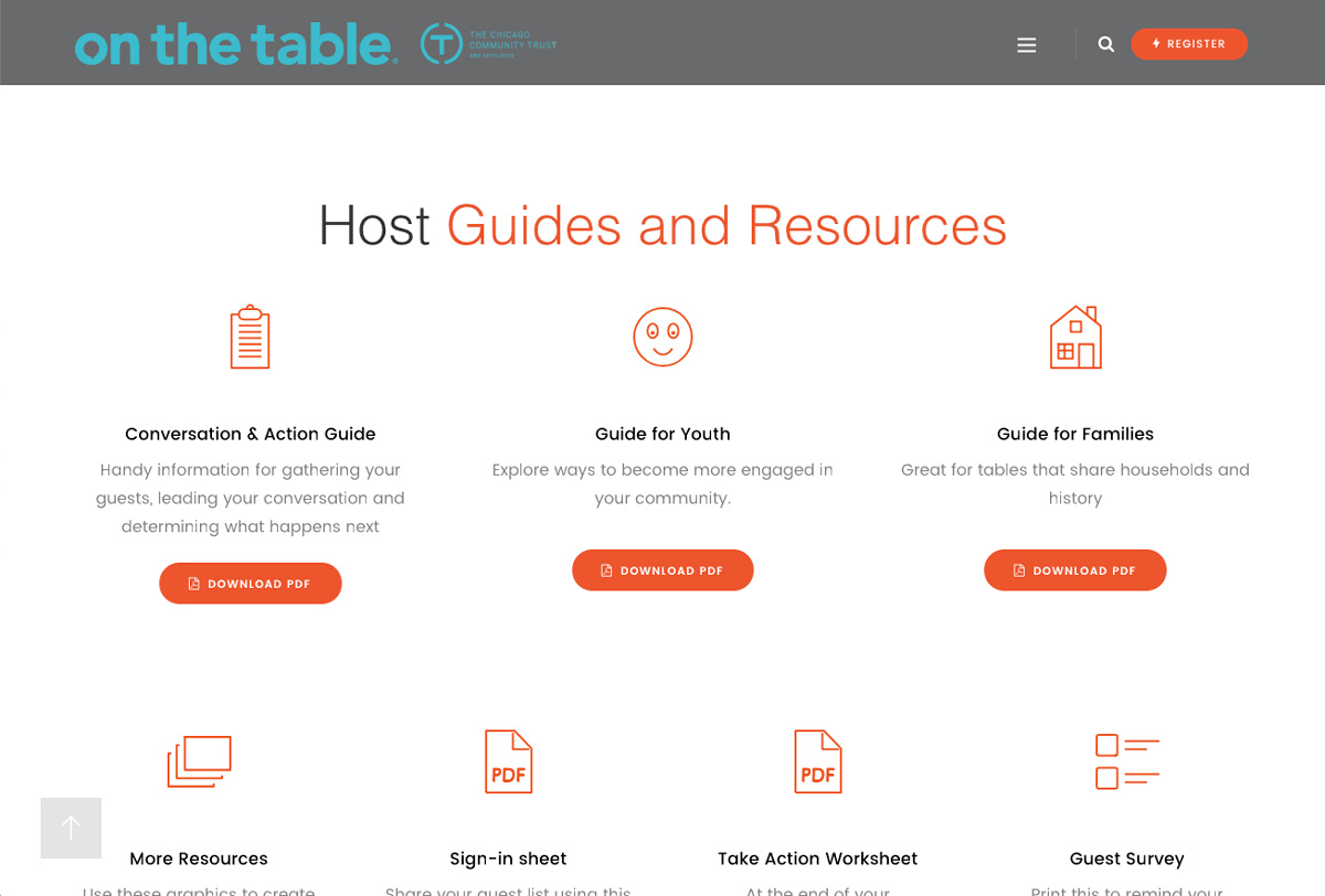desktop Screnshot of block of text and icons on a page from the On The Table website